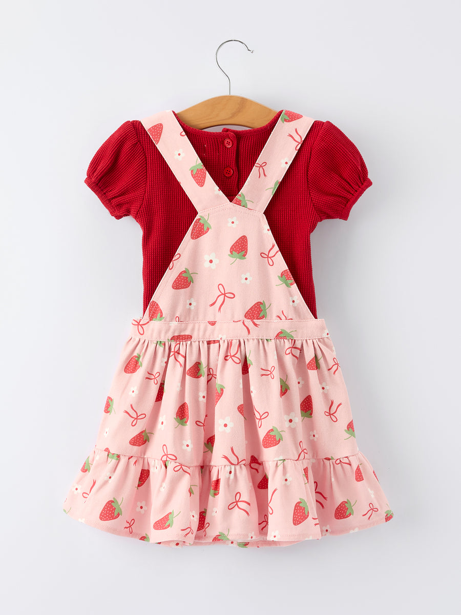 spring dress for girls Girls Spring Short-sleeved top + Strawberry Print Overall Dress Set 3