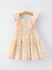 Spring Floral Girls Ruffle Dress With Bow Straw Hat Set