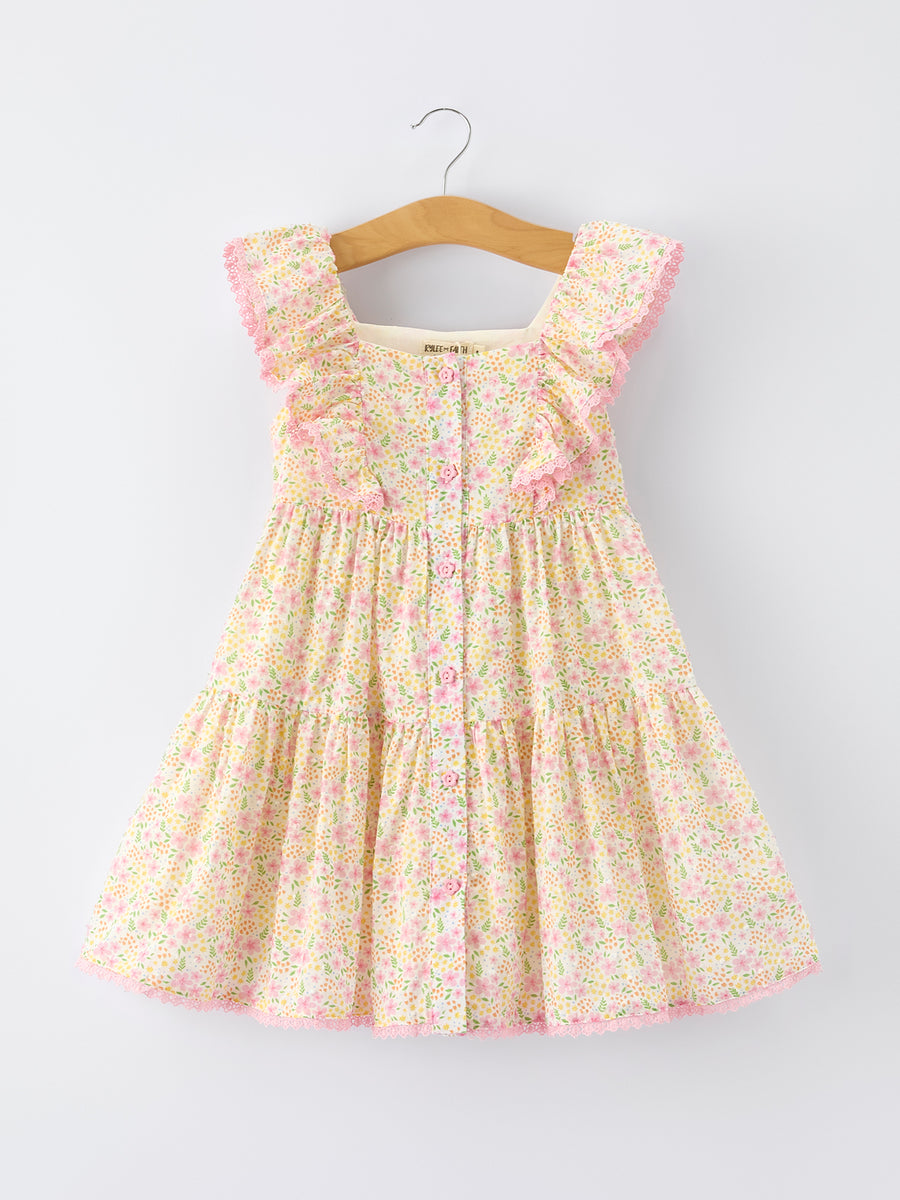 Spring Floral Girls Ruffle Dress With Bow Straw Hat Set