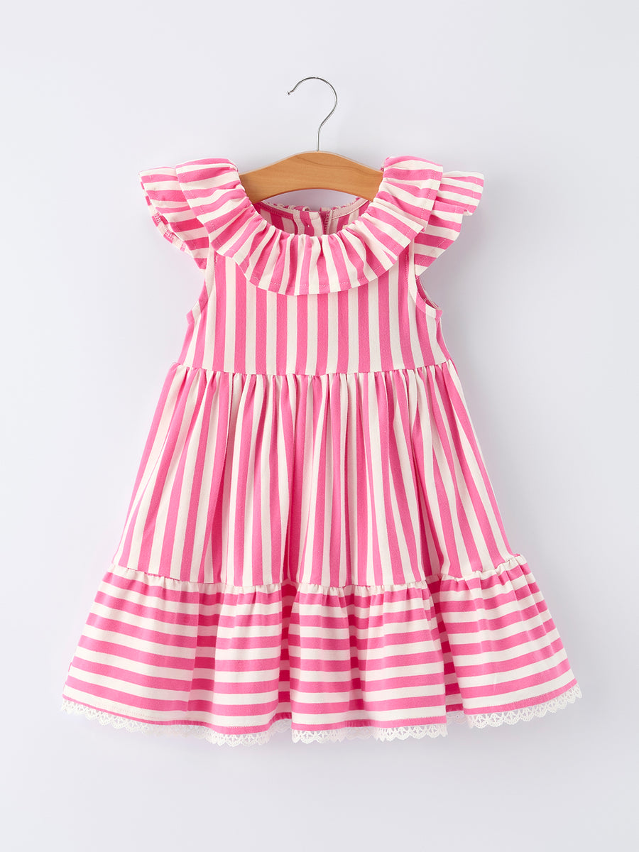 Spring  Pink Striped Ruffled Girls' Dress with Hat