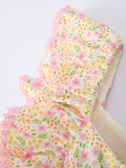 Spring Floral Girls Ruffle Dress With Bow Straw Hat Set