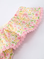 Spring Floral Girls Ruffle Dress With Bow Straw Hat Set