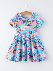 Blue Summer Pop Star Print Girl Twirly Dress Cotton Blend