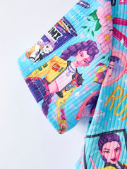 Blue Summer Pop Star Print Girl Twirly Dress Cotton Blend