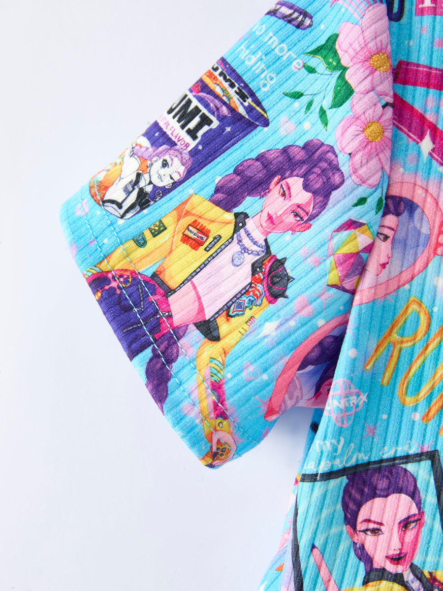 Blue Summer Pop Star Print Girl Twirly Dress Cotton Blend