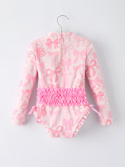 Summer Bow Print Girls Long Sleeve Ruffle One Piece Swimsuit