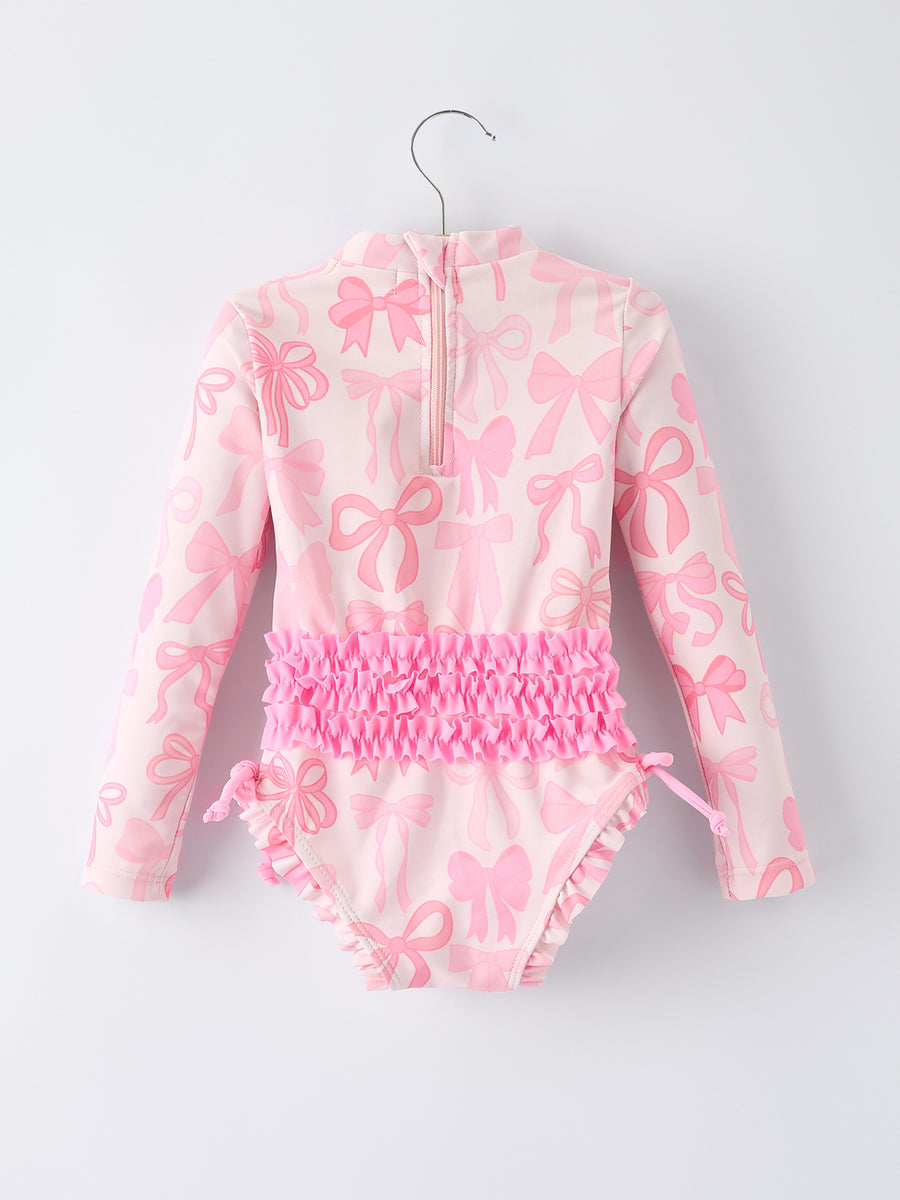 Summer Bow Print Girls Long Sleeve Ruffle One Piece Swimsuit