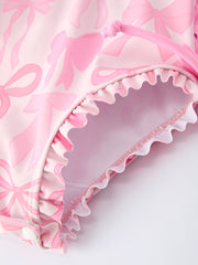 Summer Bow Print Girls Long Sleeve Ruffle One Piece Swimsuit
