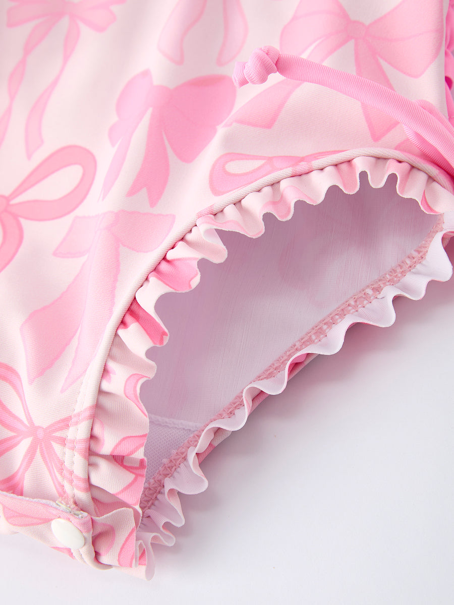 Summer Bow Print Girls Long Sleeve Ruffle One Piece Swimsuit