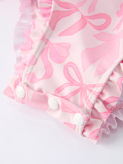 Summer Bow Print Girls Long Sleeve Ruffle One Piece Swimsuit
