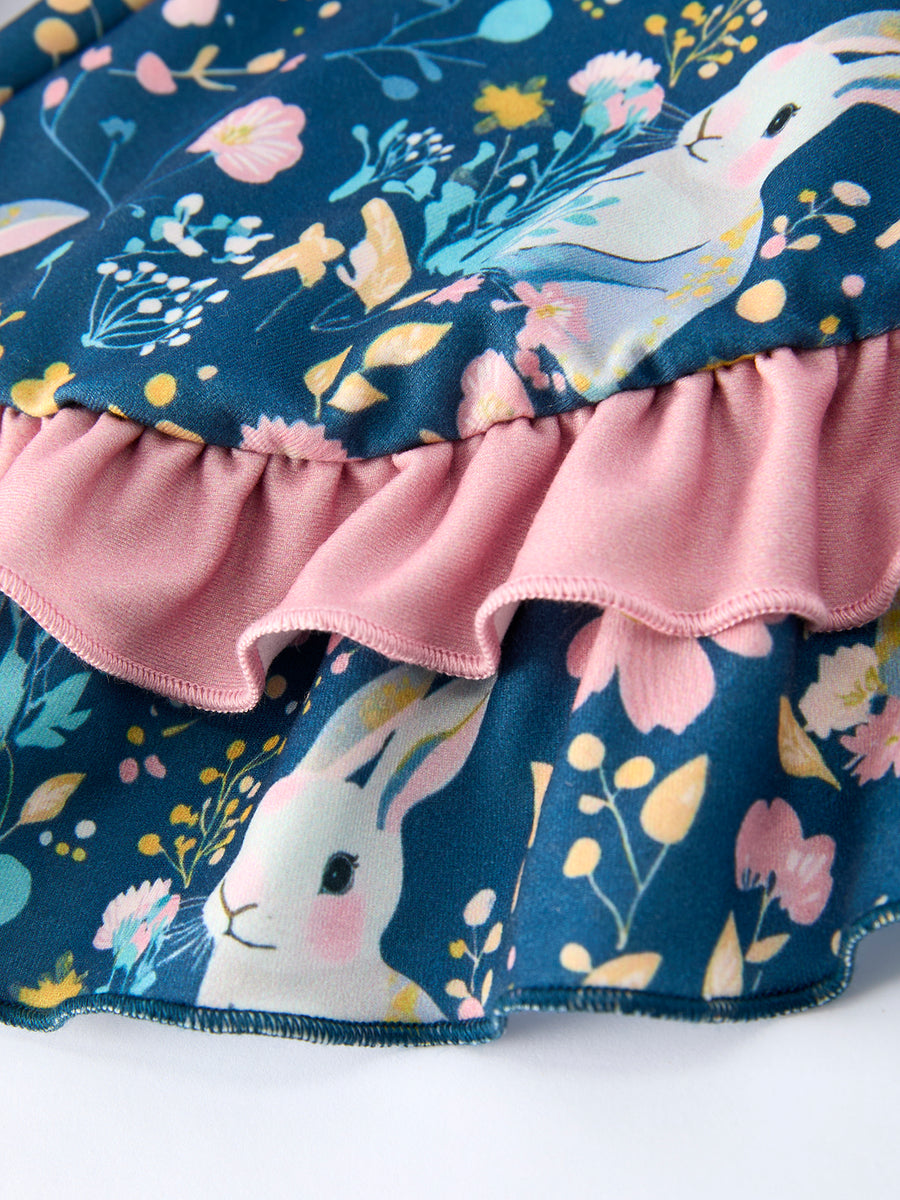 Summer Bunny Floral Girls Bow Ruffle Bell Bottom Jumpsuit