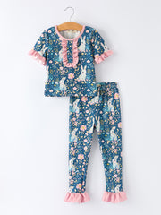 Summer Bunny Floral Girls Bow Ruffle Pajamas Set