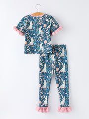 Summer Bunny Floral Girls Bow Ruffle Pajamas Set