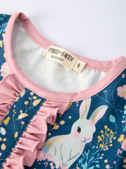 Summer Bunny Floral Girls Bow Ruffle Pajamas Set