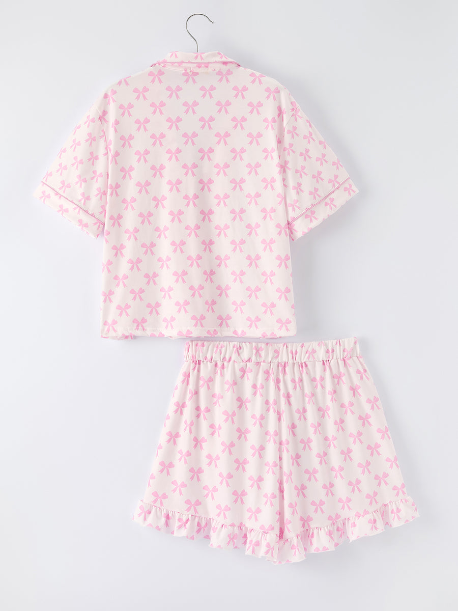 Mommy & Me Pink Bow Print Ruffle Pajama Set