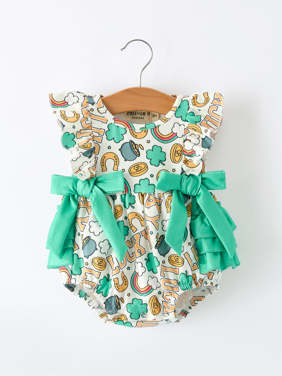 St Patrick's Day Shamrock Bow Baby Girl Romper