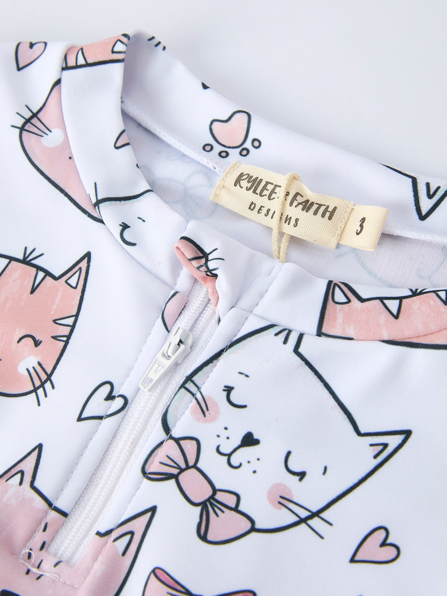 Summer Cat Print Girls Long Sleeve Swim Set