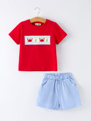 Crab Embroidered Boys Short Sleeve Top Shorts Set