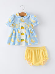 Summer Lemon Print Girls Puff Sleeve Bloomer Set