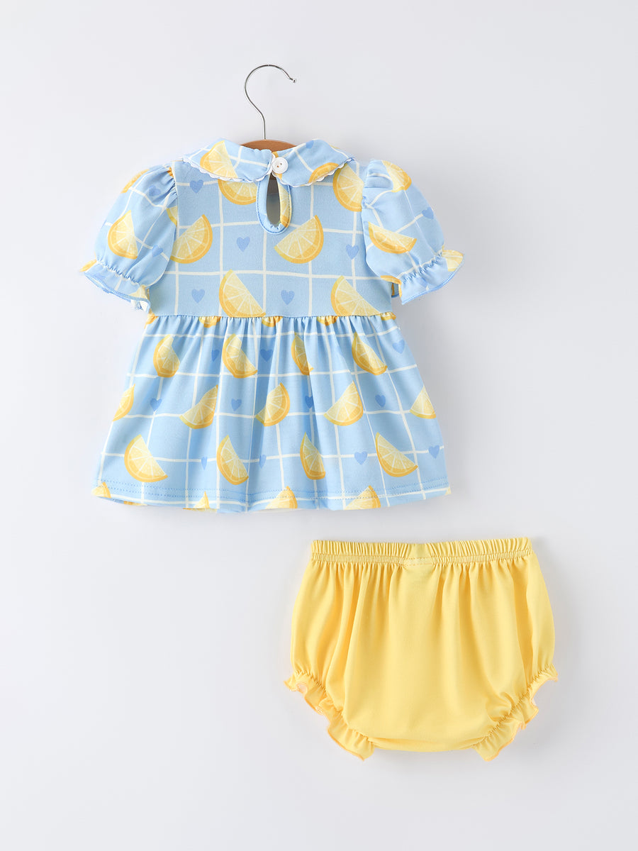 Summer Lemon Print Girls Puff Sleeve Bloomer Set