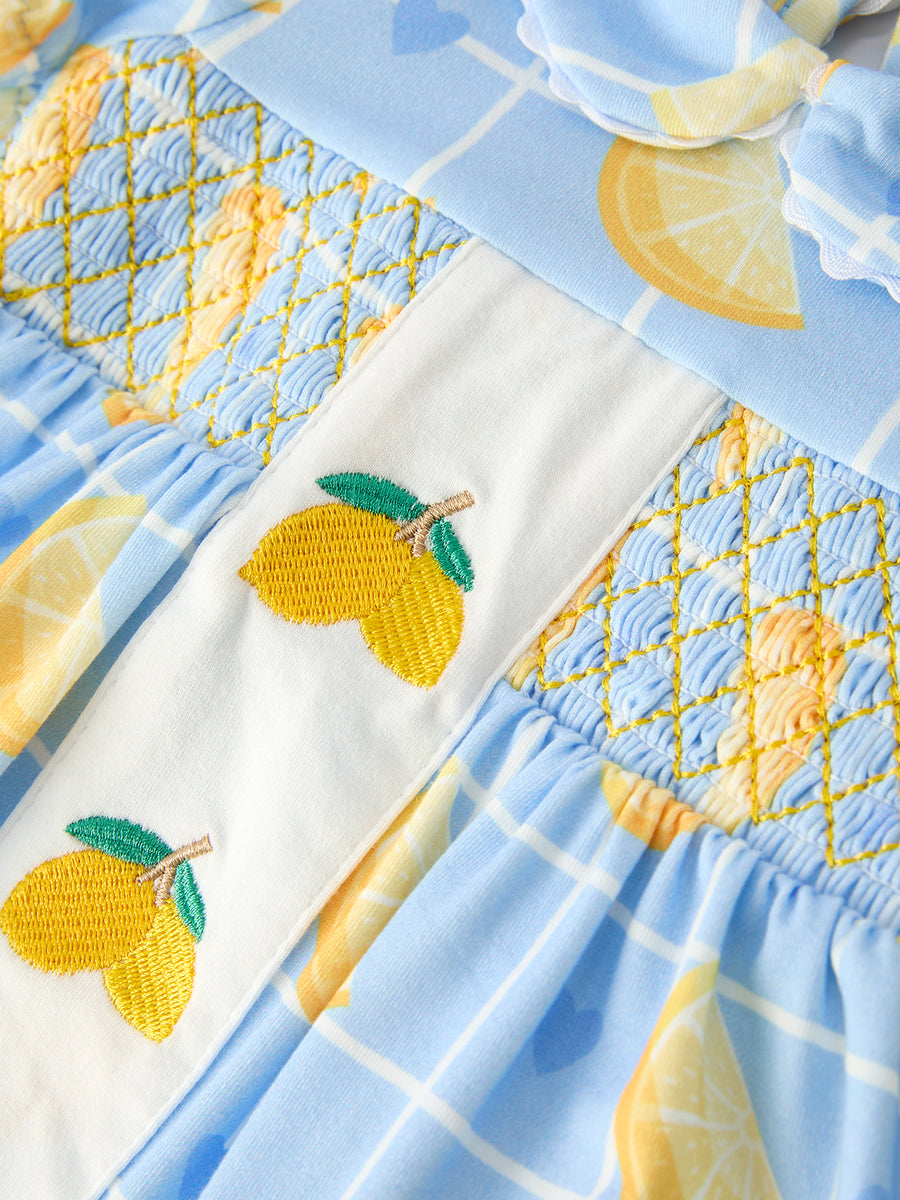 Summer Lemon Print Girls Puff Sleeve Bloomer Set