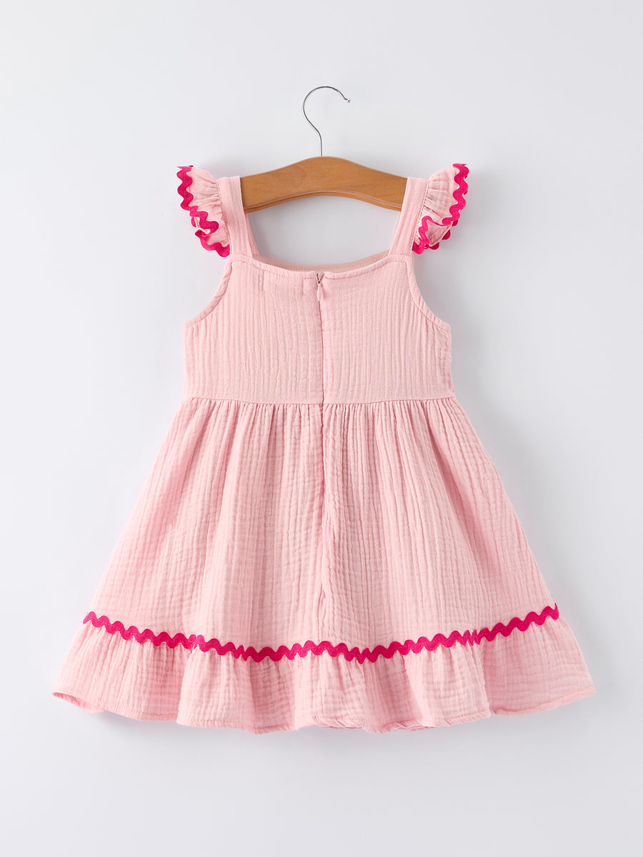 pink ruffle trim dress Coral Pink Frill Sleeve V-Neck Crochet Trim Open Back Detail Smocked Gathered Waist Ruffle Trim Maxi Dress /2-2-2