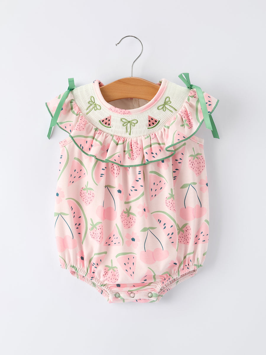 Girls Watermelon Embroidered Smocked Baby Romper