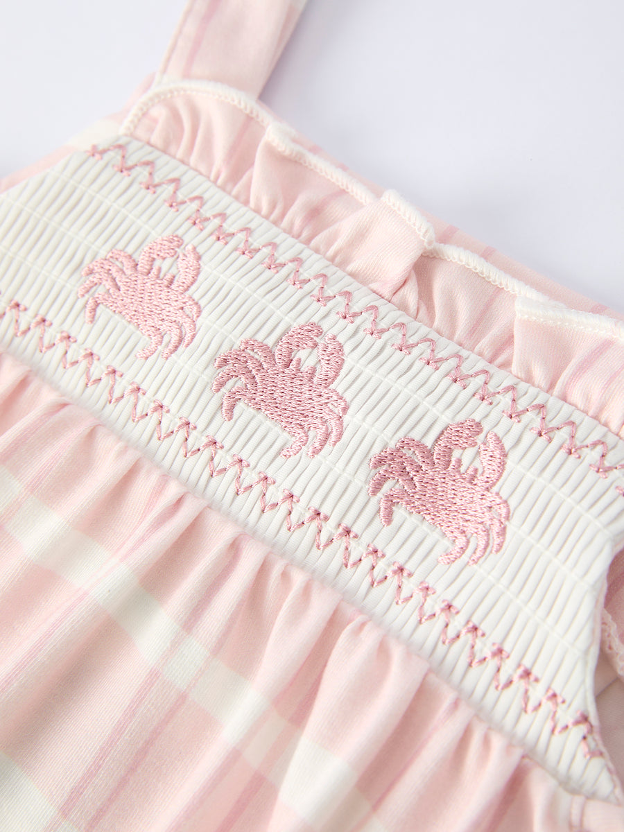 Girls Crab Embroidered Smocked Baby Romper