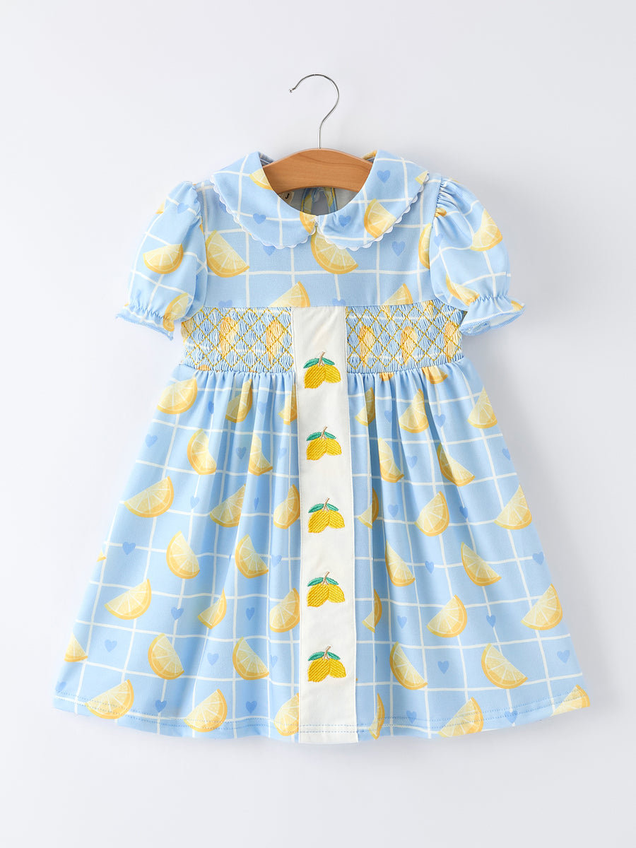 Summer Lemon Print Girls Puff Sleeve Dress