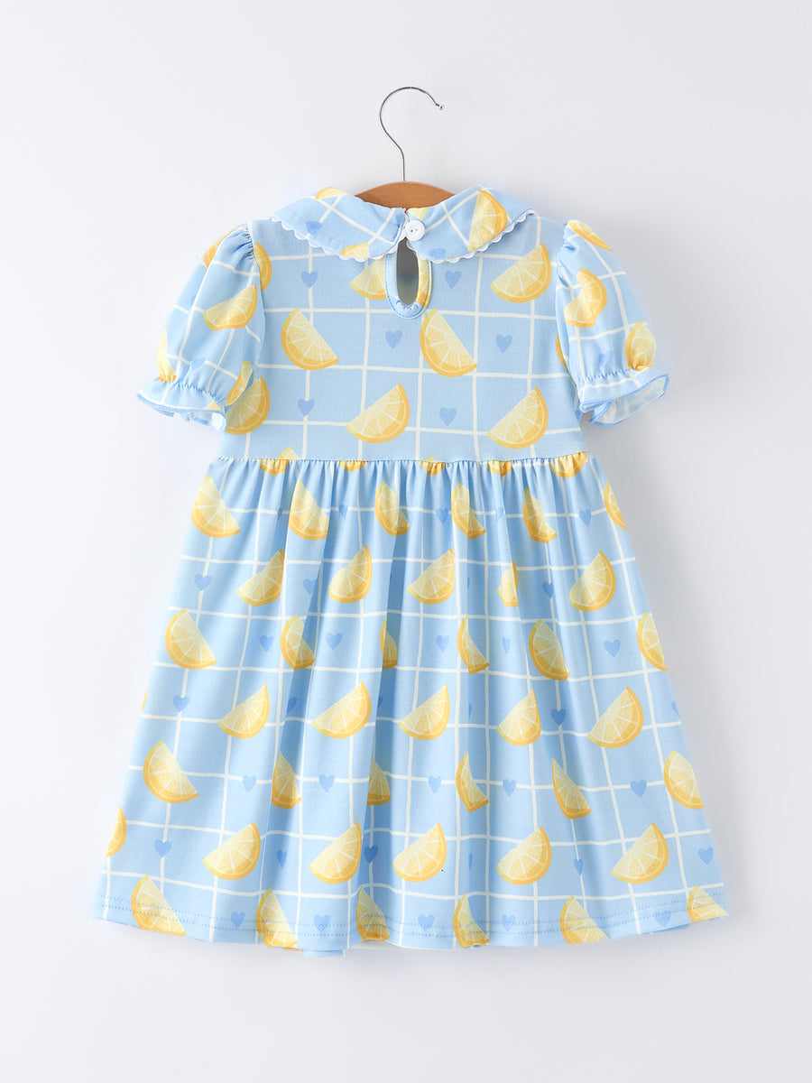 Summer Lemon Print Girls Puff Sleeve Dress
