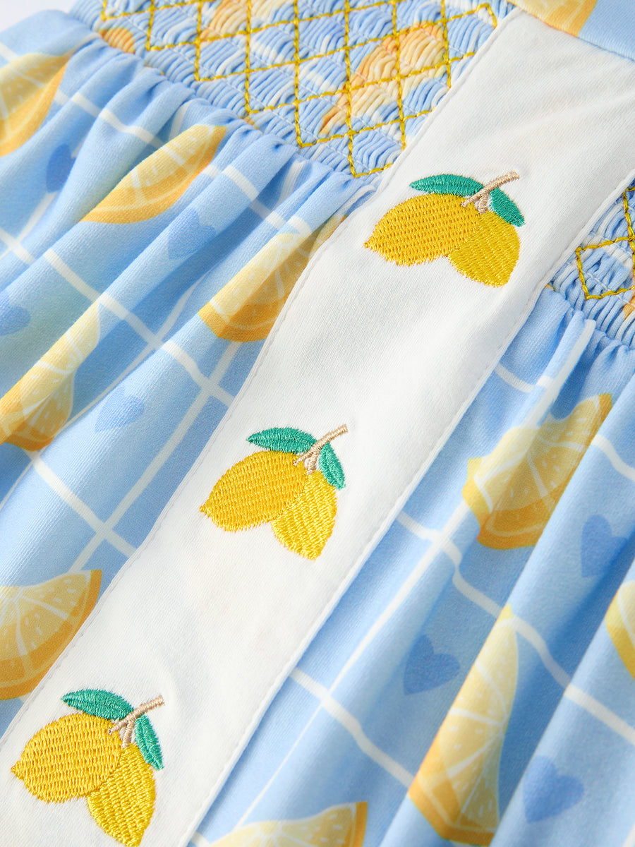 Summer Lemon Print Girls Puff Sleeve Dress
