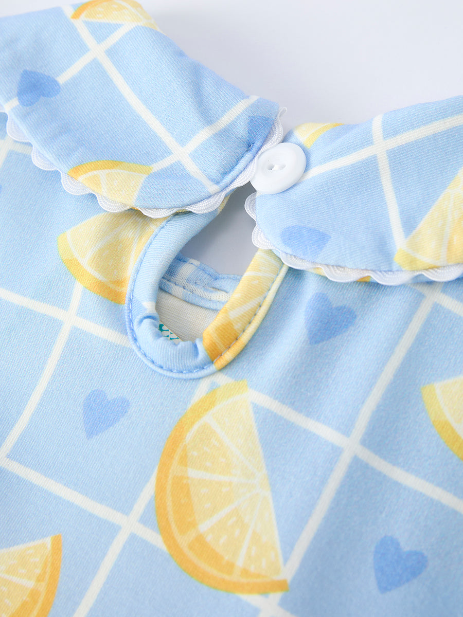 Summer Lemon Print Girls Puff Sleeve Dress