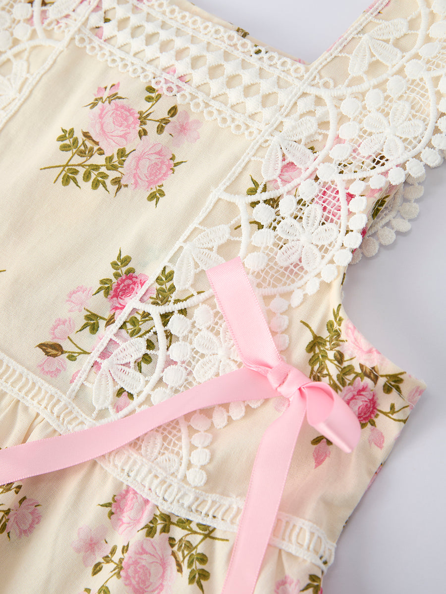 Lace-trimmed Bow Girls' Dress-Pink/Blue