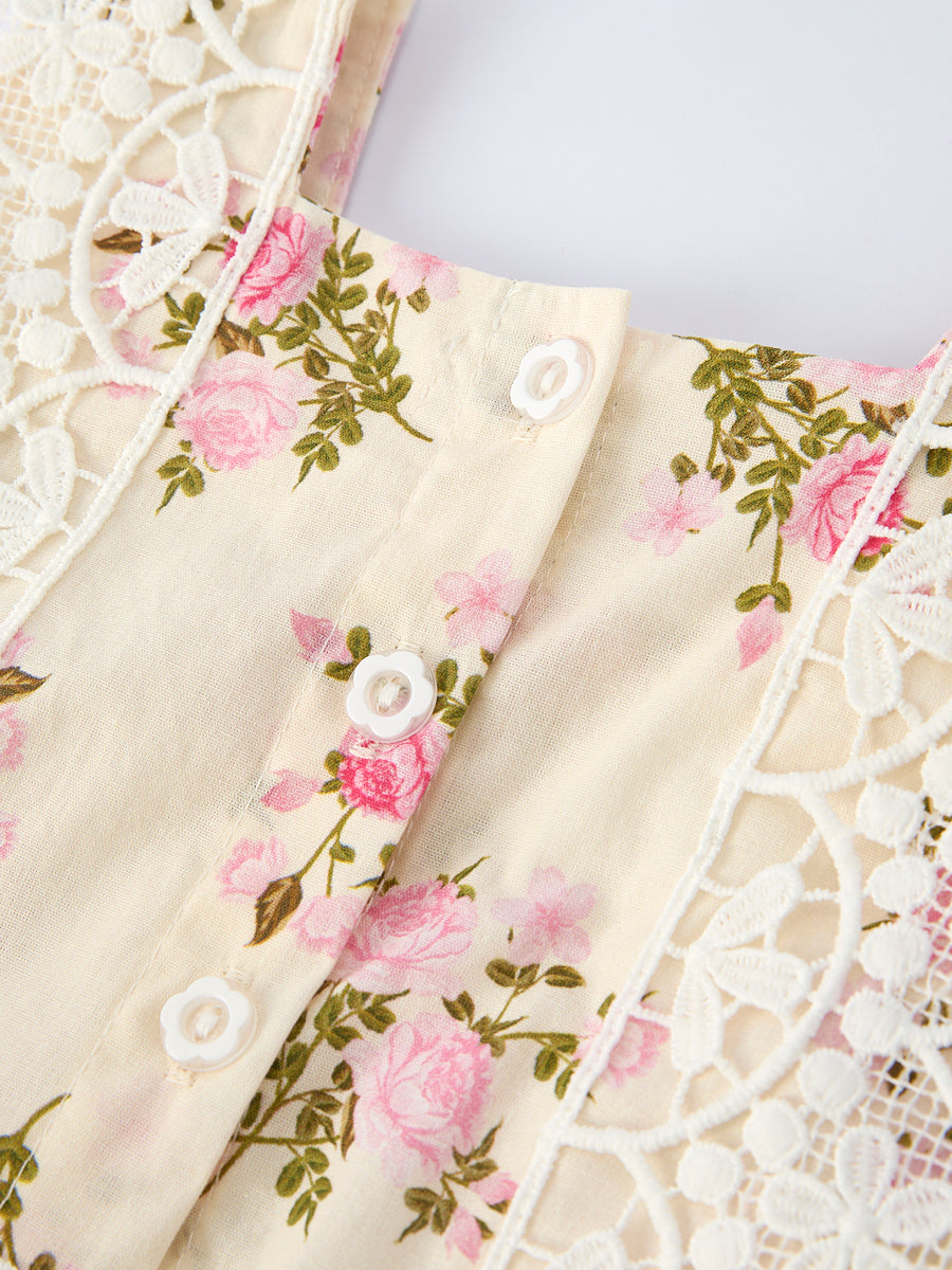 Lace-trimmed Bow Girls' Dress-Pink/Blue