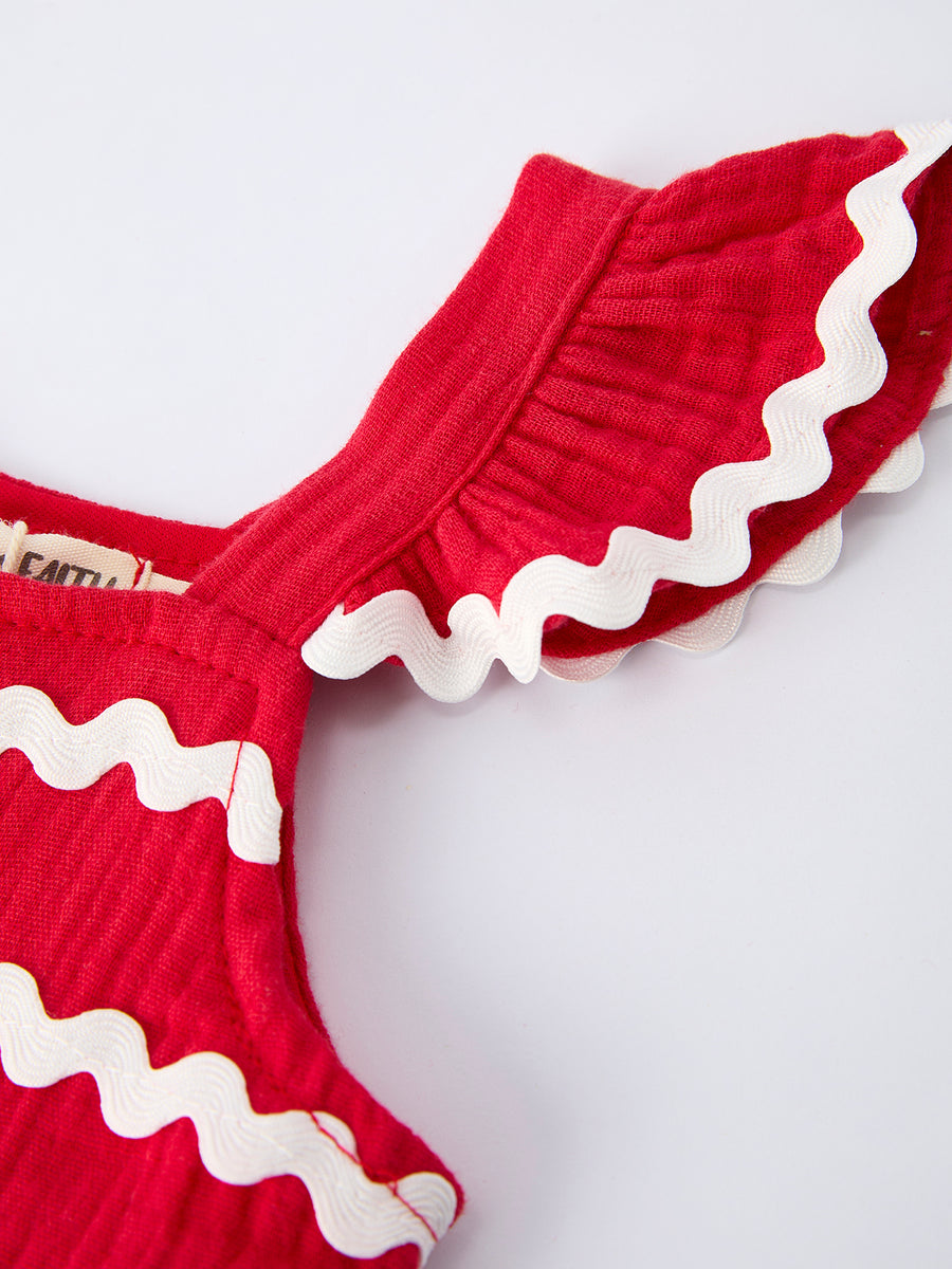 Summer Red Girls Ruffle Trim Dress