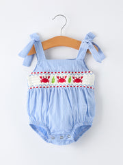 Crab Embroidered Baby Girls Smocked Romper