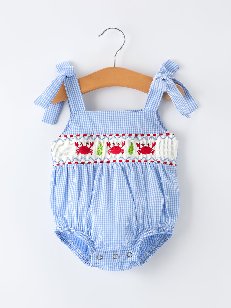 Crab Embroidered Baby Girls Smocked Romper