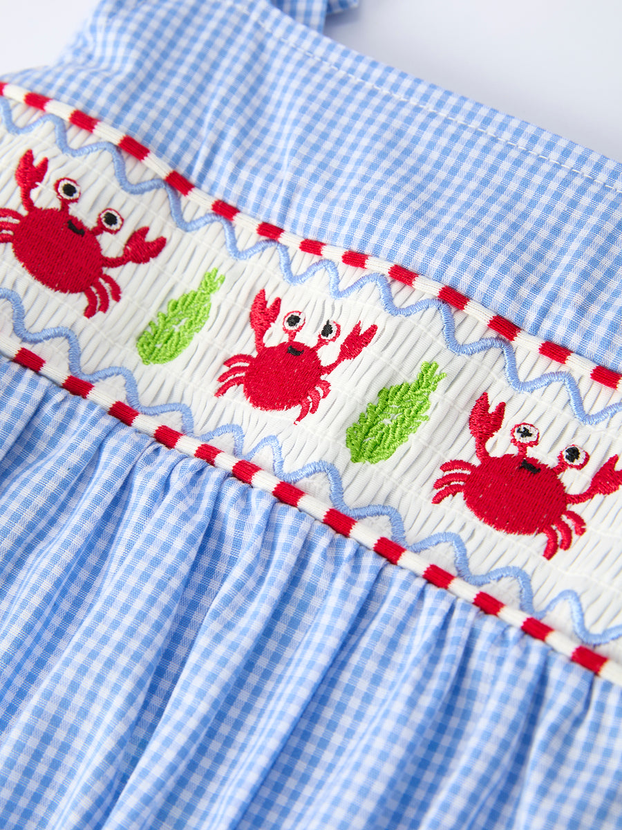 Crab Embroidered Baby Girls Smocked Romper