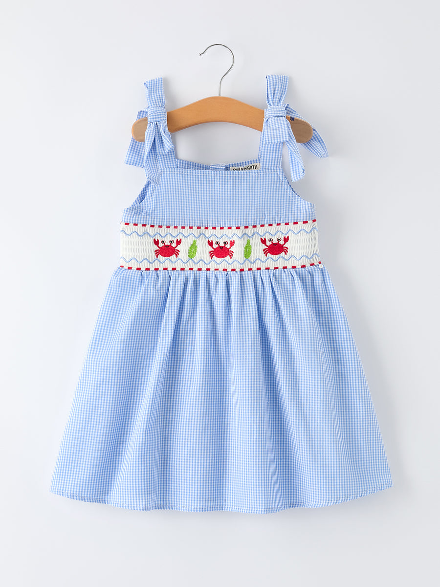 Crab Embroidered  Smocked Girl Dress