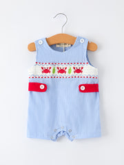 Crab Embroidered Baby Boy Smocked Romper