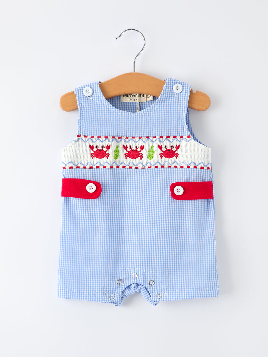 Crab Embroidered Baby Boy Smocked Romper