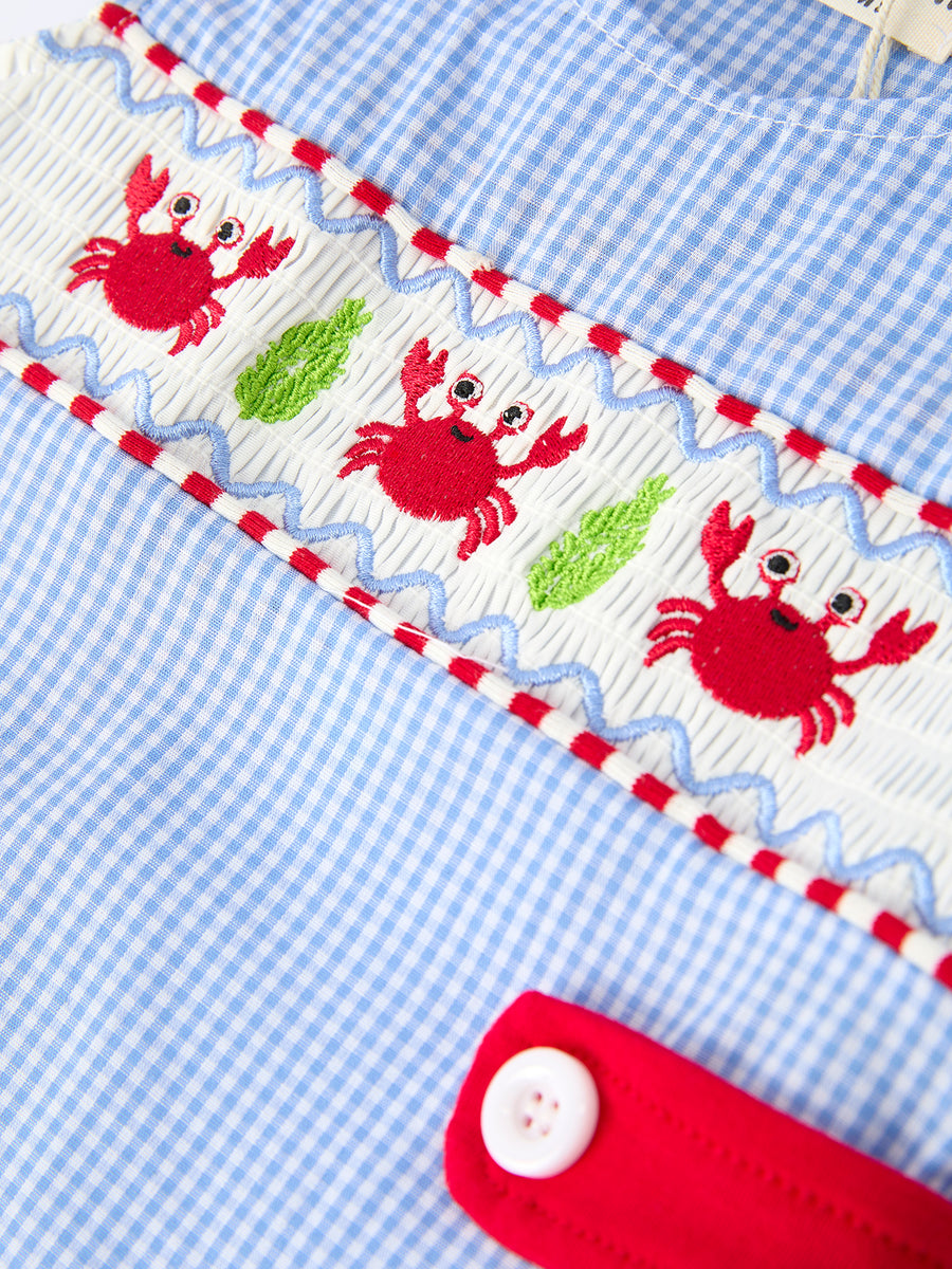 Crab Embroidered Baby Boy Smocked Romper