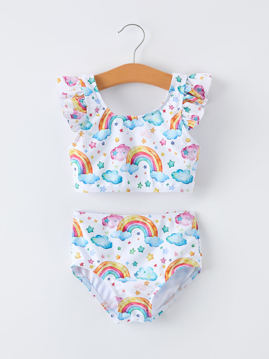 Summer Rainbow Print Ruffle Baby Girl Swim Set