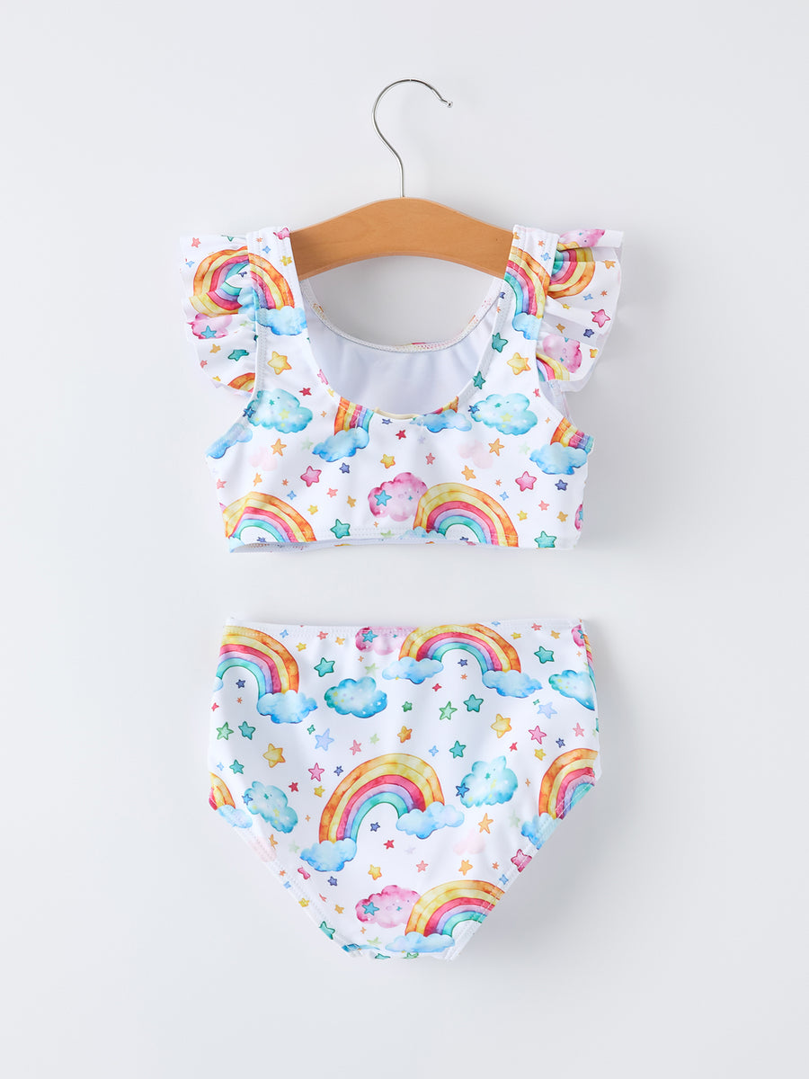 Summer Rainbow Print Ruffle Baby Girl Swim Set