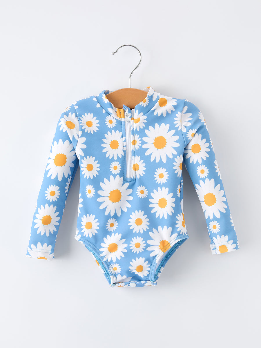 Daisy Print Long Sleeve Girls One Piece Swimsuit