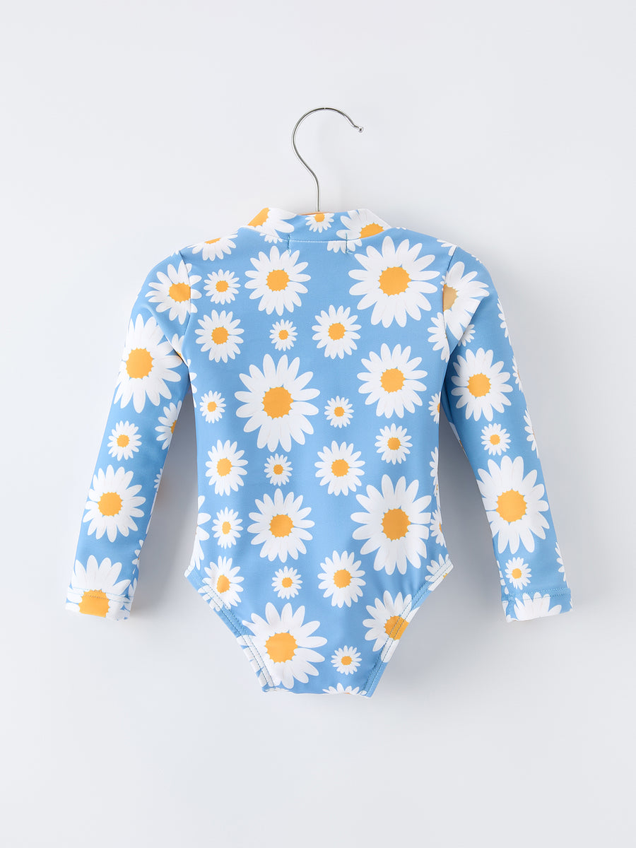 Daisy Print Long Sleeve Girls One Piece Swimsuit