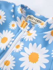 Daisy Print Long Sleeve Girls One Piece Swimsuit