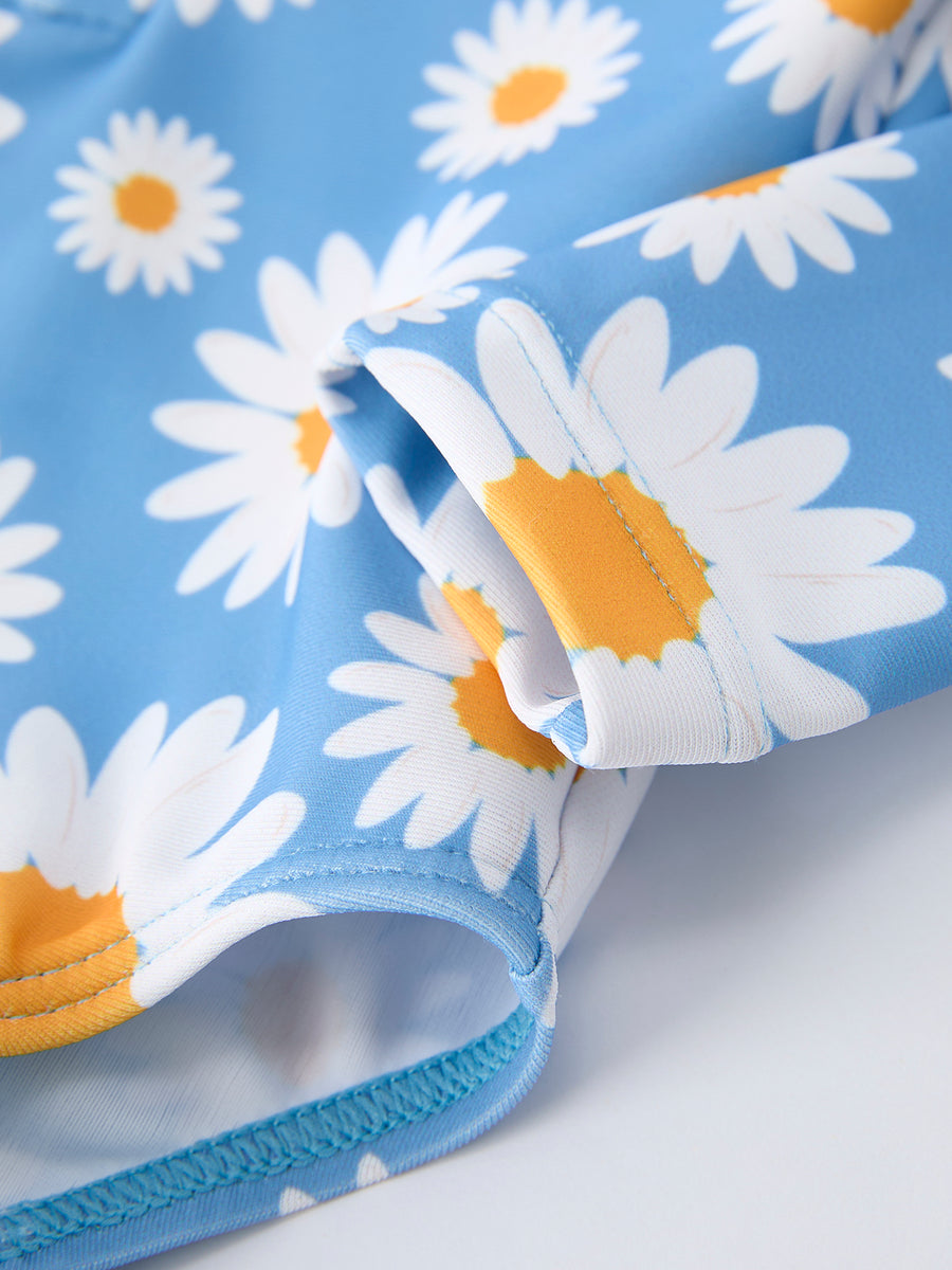 Daisy Print Long Sleeve Girls One Piece Swimsuit