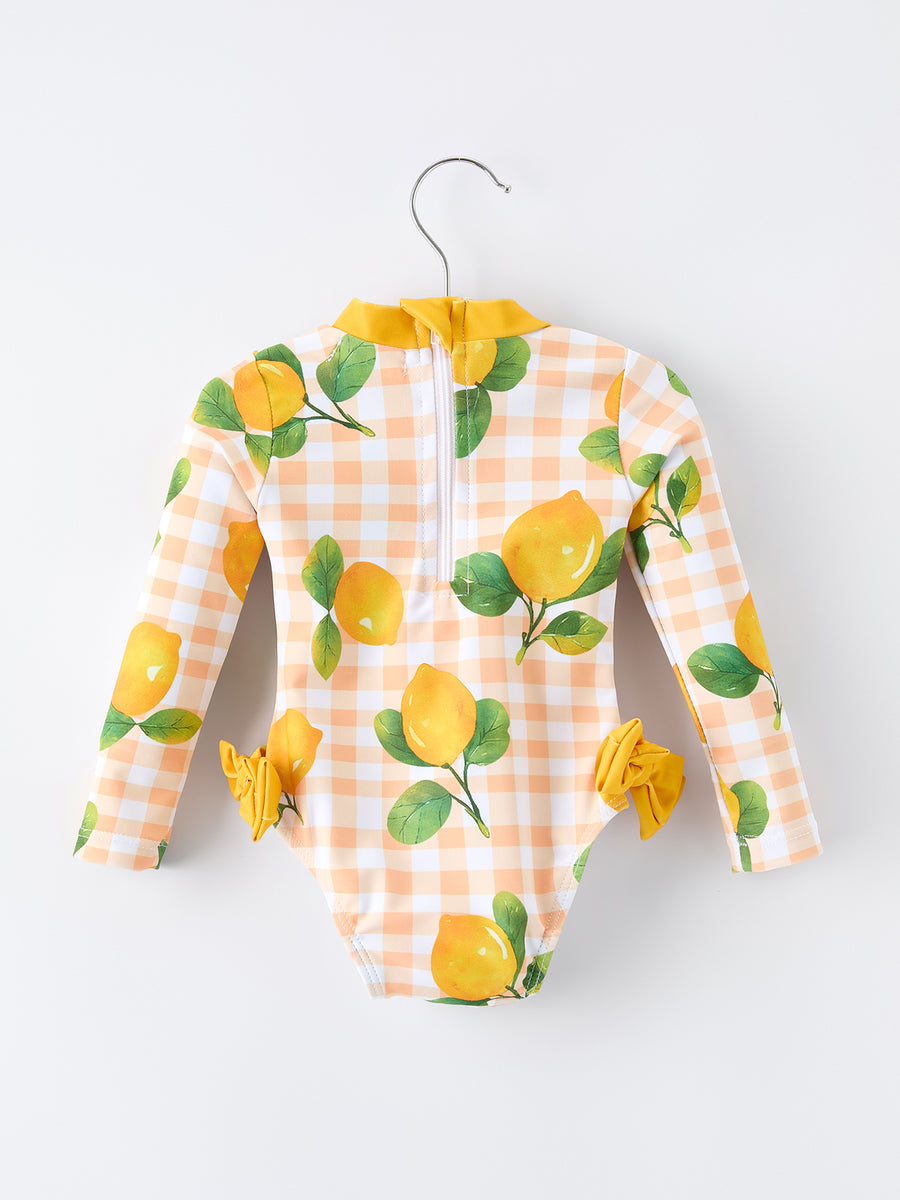 Lemon Print Long Sleeve Girls One Piece Swimsuit
