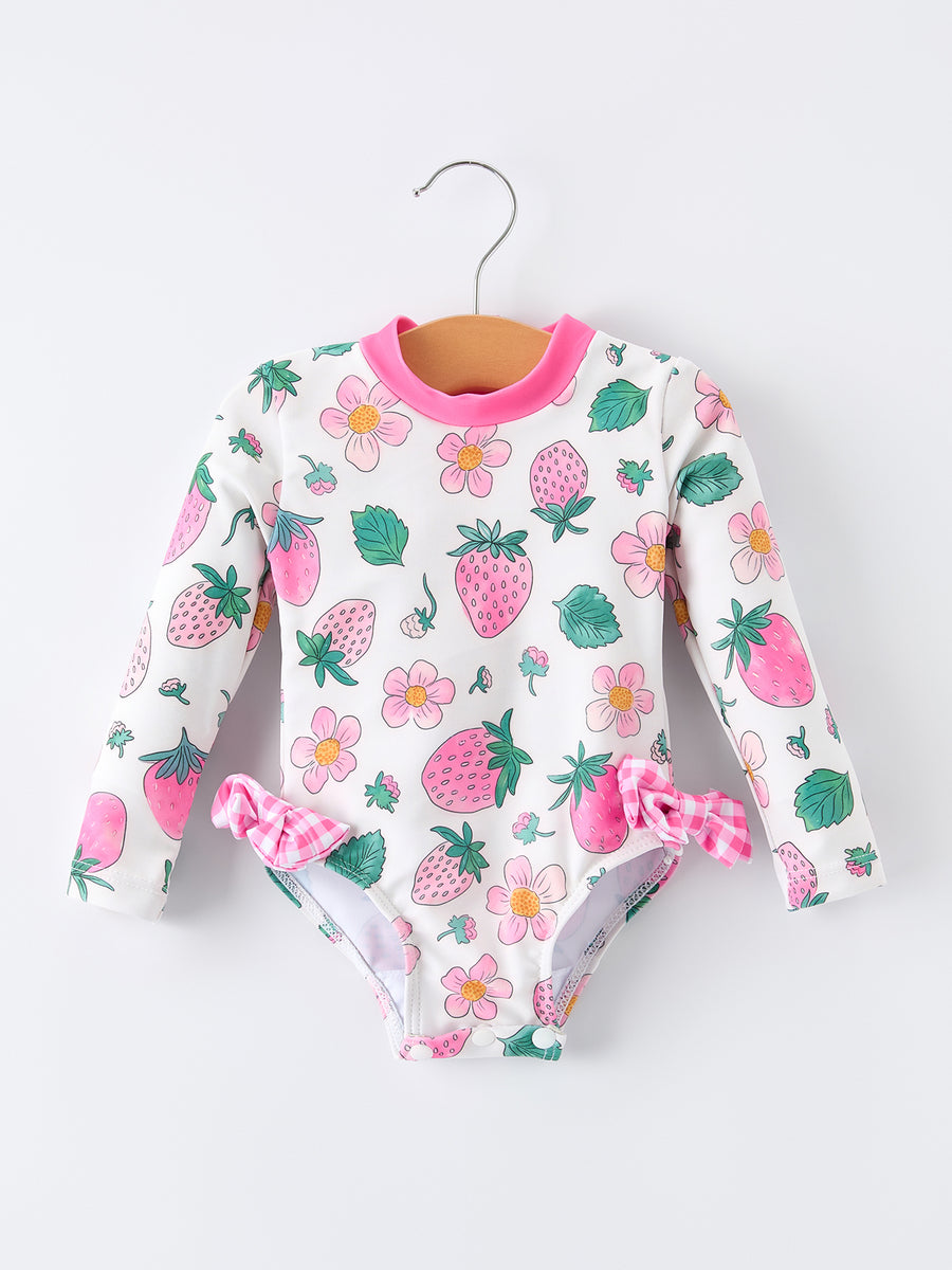 Strawberry Floral Print Long Sleeve Girls One Piece Swimsuit